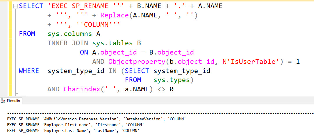 SQL SERVER - Script: Remove Spaces in Column Name in All Tables column-space-02 