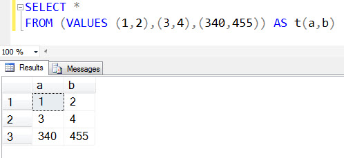 SQL SERVER - Creating Dataset Using VALUES Clause Without Creating A Table multirow2 