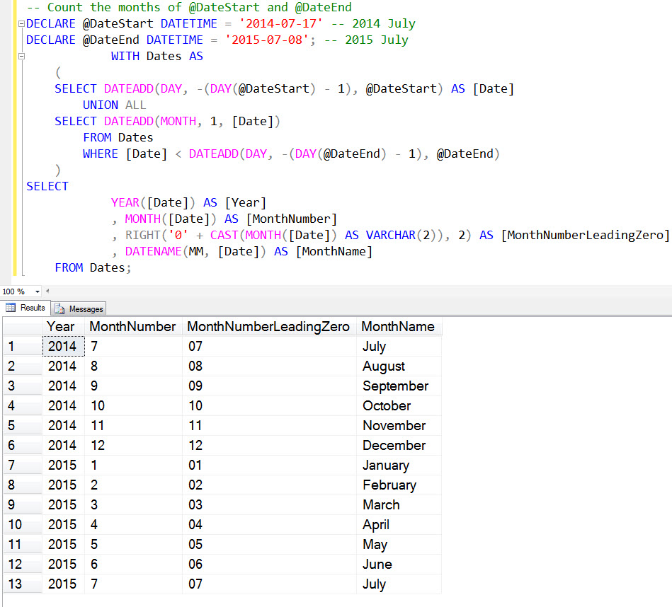 SQL SERVER -  List the Name of the Months Between Date Ranges - Part 2 betweendaysmonth 
