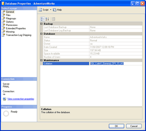 SQL SERVER - 2005 - Find Database Collation Using T-SQL and SSMS collation1 