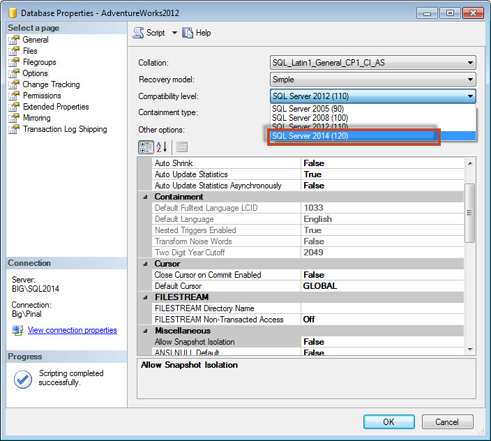 SQL SERVER - How to Change Compatibility of Database to SQL Server 2014 comp120-2 
