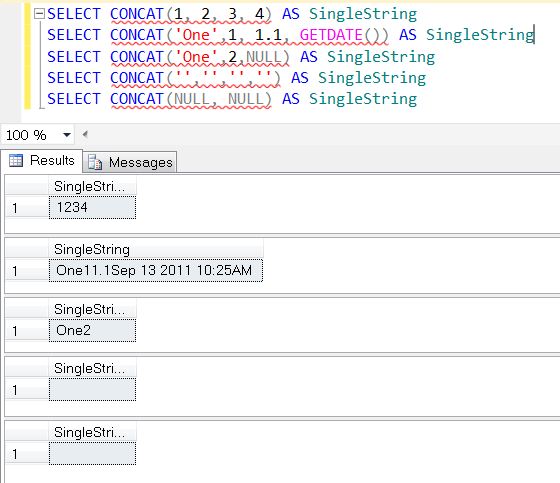 SQL SERVER 2012 - String Function CONCAT() - A Quick Introduction concat1 