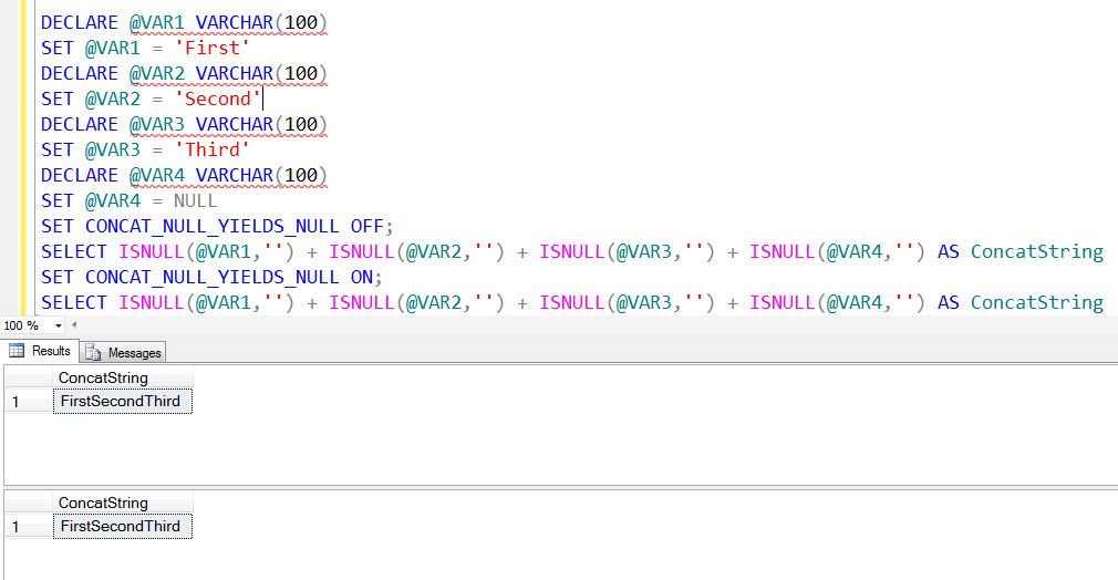 SQL SERVER - A Quick Note on CONCAT_NULL_YIELDS_NULL concatstring2 