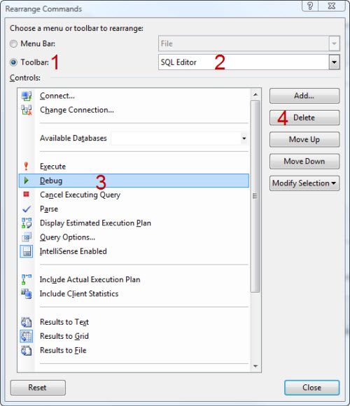 SQL SERVER - 2008 - Customize Toolbar - Remove Debug Button from Toolbar cust4 