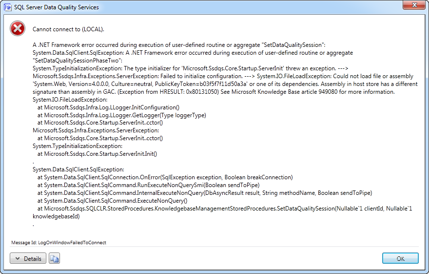 SQL SERVER - DQS Error - Cannot connect to server - A .NET Framework error occurred during execution dqserror 