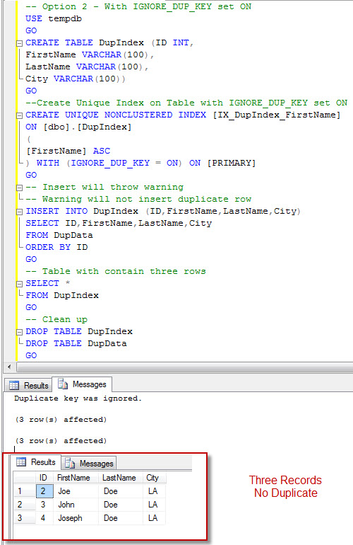 SQL SERVER - Unique Nonclustered Index Creation with IGNORE_DUP_KEY = ON - A Transactional Behavior duptr3 