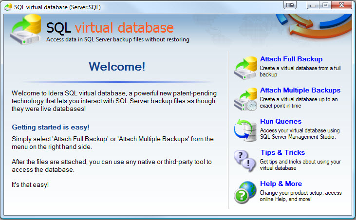 SQL SERVER - Retrieve and Explore Database Backup without Restoring Database - Idera virtual database vdb1 