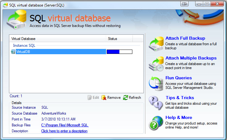 SQL SERVER - Retrieve and Explore Database Backup without Restoring Database - Idera virtual database vdb6 