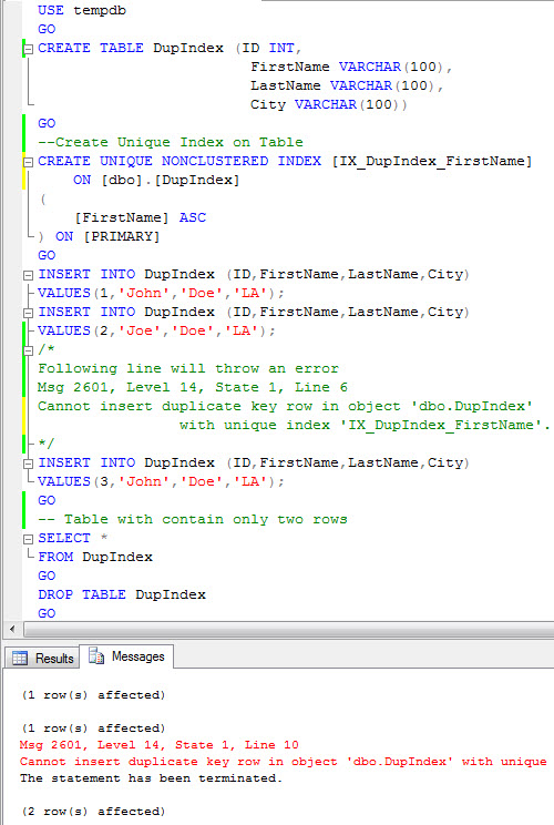 SQL SERVER - Unique Nonclustered Index Creation with IGNORE_DUP_KEY = ON ignoredup1 