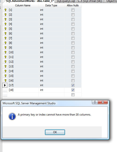 SQL SERVER - Maximum Columns per Primary Key - Fix : Error : Msg 1904, Level 16, The index on table has column names in index key list. The maximum limit for index or statistics key column list is 16 pk161 
