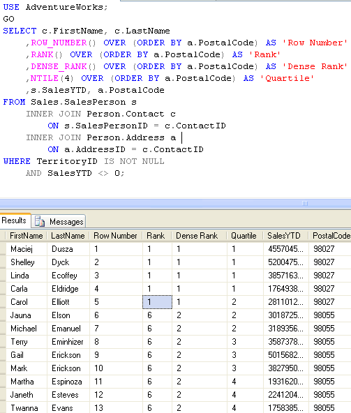 SQL SERVER - 2005 - Sample Example of RANKING Functions - ROW_NUMBER, RANK, DENSE_RANK, NTILE ranking 