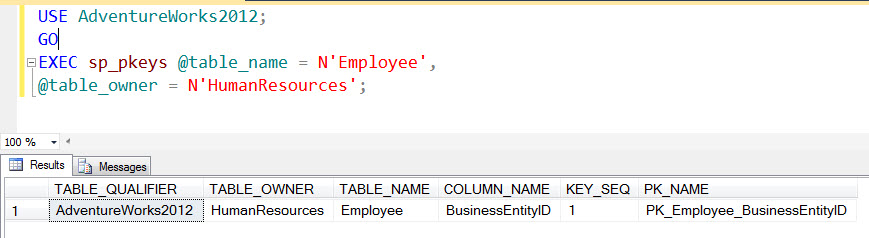SQL SERVER - Listing Primary Key of Table with Stored Procedure sp_pkeys sp_pkeys 