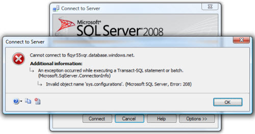 SQL SERVER - Fix : Error : Invalid object name 'sys.configurations'. (Microsoft SQL Server, Error: 208) sqlazure1 