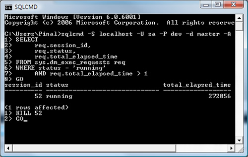 SQL SERVER - sqlcmd - Using a Dedicated Administrator Connection to Kill Currently Running Query sqlcmd_4 