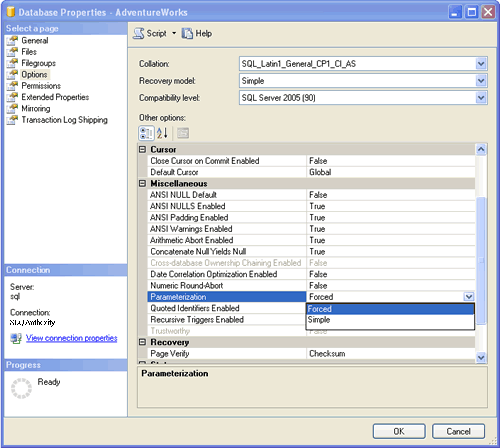 SQL SERVER - 2005 - Forced Parameterization and Simple Parameterization - T-SQL and SSMS sqlprop 