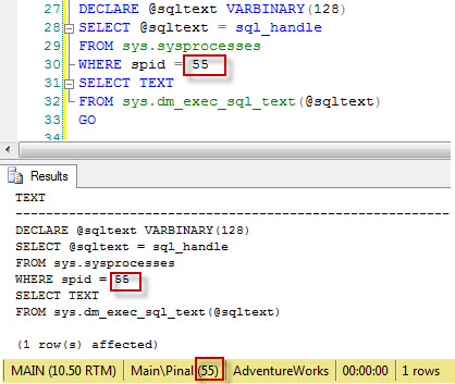SQL SERVER – Get Query Running in Session sysprocesses 