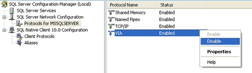 SQL SERVER - FIX : ERROR : Could Not Connect to SQL Server - TDSSNIClient initialization failed with error 0x7e, status code 0x60 10DisableVIA 