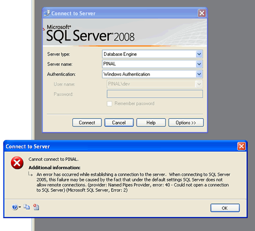 SQL SERVER - FIX : ERROR : Could Not Connect to SQL Server - TDSSNIClient initialization failed with error 0x7e, status code 0x60 1Err_Connect 
