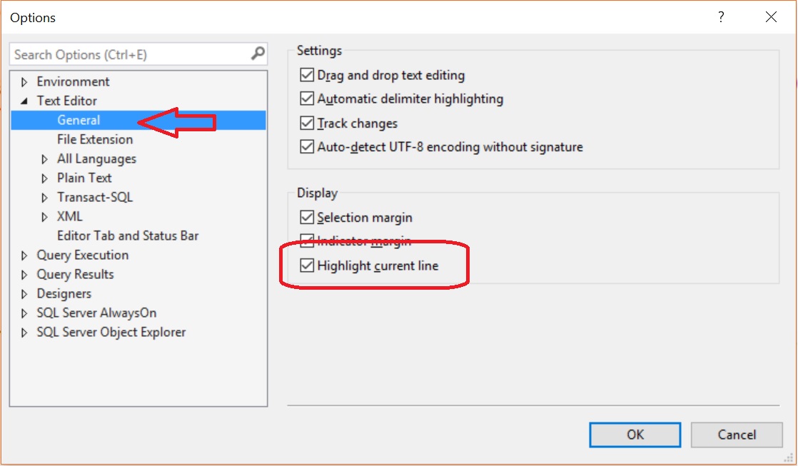 SQL SERVER 2016 - Management Studio Highlighting Current Line Option Line-highligted-02 