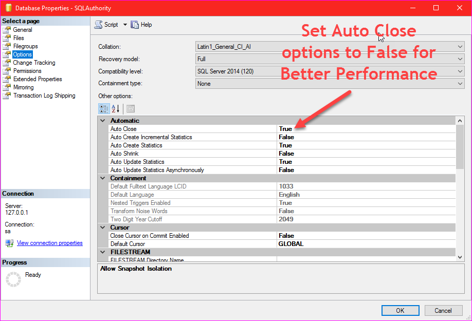 SQL SERVER - Set AUTO_CLOSE Database Option to OFF for Better Performance auto_close 