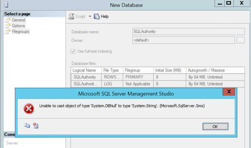 SQL SERVER - Unable to cast object of type 'System.DBNull' to type 'System.String'. (Microsoft.SqlServer.Smo) cast-error-01 
