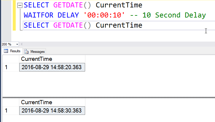 How to Introduce Time Delay Between Two T-SQL Commands? - Interview Question of the Week #091 delayintime 