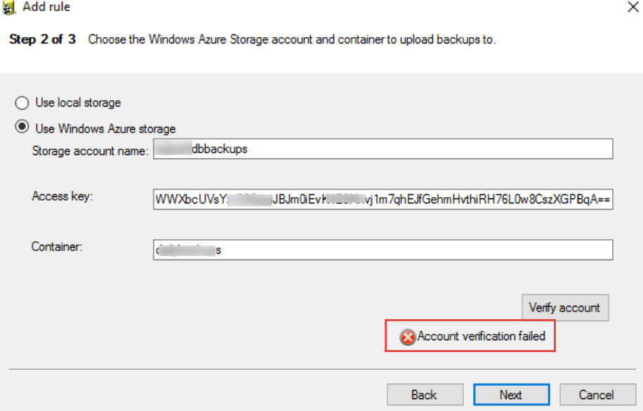 SQL SERVER - Backup to Microsoft Azure Tool - ERROR: Account Verification Failed az-err-03 