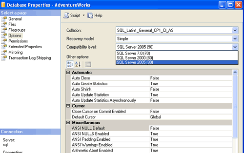 SQL SERVER - 2005 Change Database Compatible Level - Backward Compatibility - Part 2 - Management Studio compatibilitylevelchange 