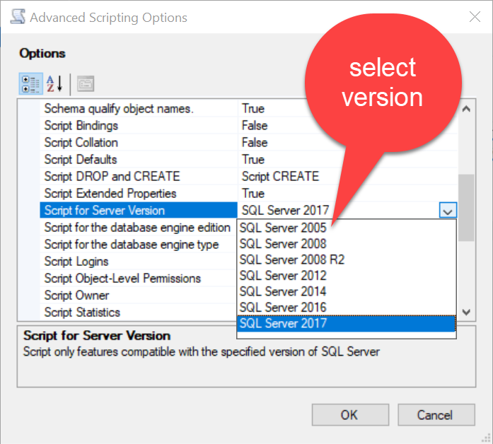 SQL SERVER - Restoring SQL Server 2017 to SQL Server 2005 Using Generate Scripts genscript4 
