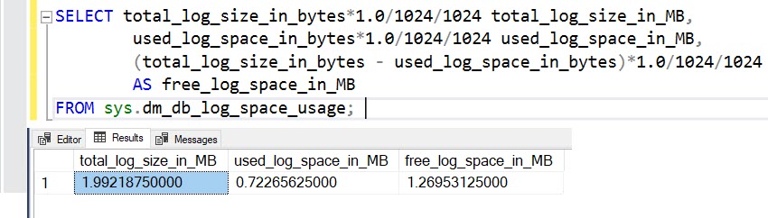 SQL SERVER - How to Find Free Log Space in SQL Server? logspace2 