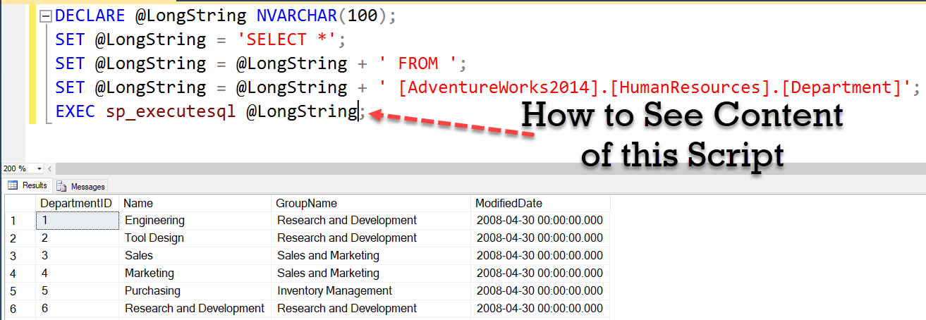 SQL SERVER - How to See Scripts Executing in sp_executesql? printmessage1 