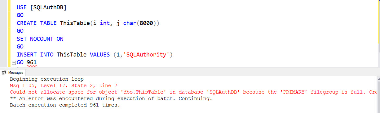SQL SERVER - Msg 1105 - Could Not Allocate Space for Object Name in Database 'DB' Because the 'PRIMARY' Filegroup is Full space-err-01 