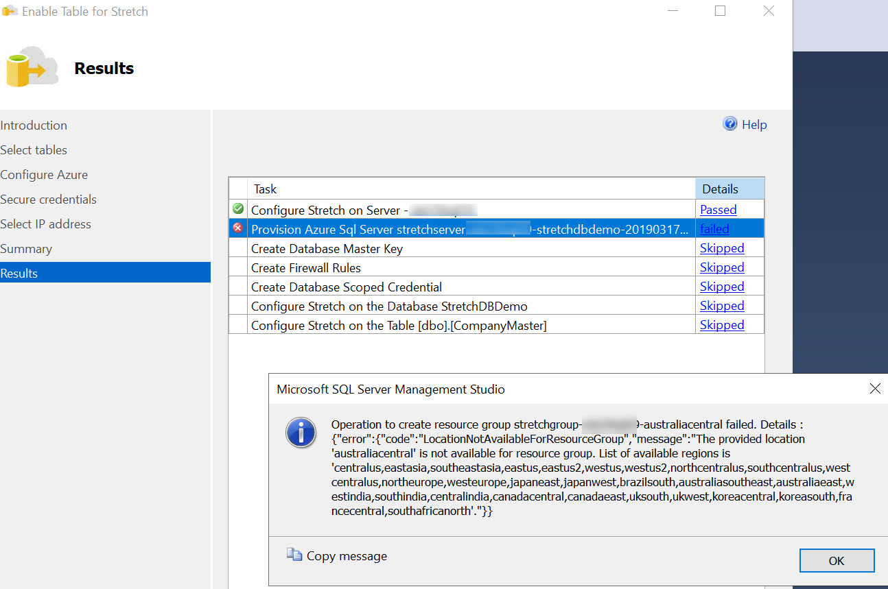 SQL SERVER - Stretch Database - ERROR: The Provided Location is Not Available for Resource Group StrechDB_Reg_Err-02 