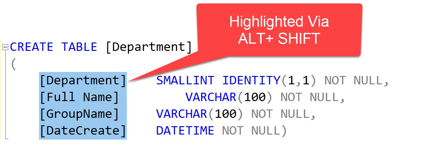 SQL SERVER Management Studio - ALT + SHIFT Keys Trick to Select Vertical Text altshift 