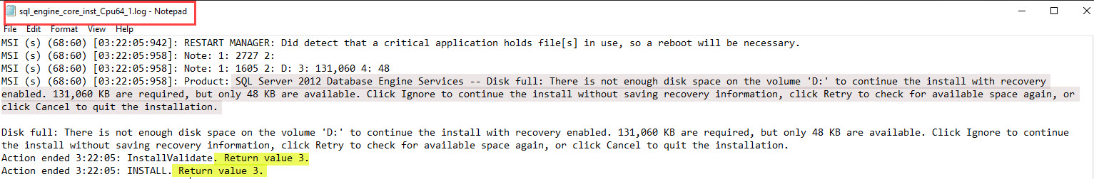 SQL SERVER - Patch Failure - Disk Full: There is Not Enough Disk Space On the Volume patch-disk-full-02 