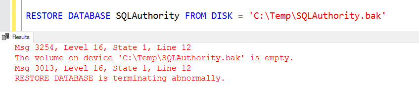SQL SERVER - Msg 3254 - The Volume on Device Path\File is Empty. RESTORE DATABASE is Terminating Abnormally restore-empty-err-01 