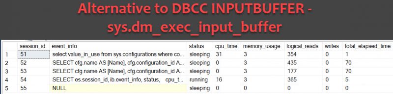 SQL SERVER - Alternative to DBCC INPUTBUFFER - sys.dm_exec_input_buffer dm_exec_input_buffer-800x193 SQL SERVER - Alternative to DBCC INPUTBUFFER - sys.dm_exec_input_buffer dm_exec_input_buffer-800x193