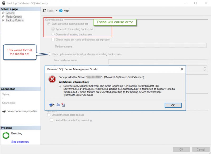SQL SERVER - FIX: Msg 3231 - The Media Loaded on "Backup" is Formatted to Support 1 Media Families, but 2 Media Families are Expected According to the Backup Device Specification backup-err-3231-01-800x587 SQL SERVER - FIX: Msg 3231 - The Media Loaded on "Backup" is Formatted to Support 1 Media Families, but 2 Media Families are Expected According to the Backup Device Specification backup-err-3231-01-800x587
